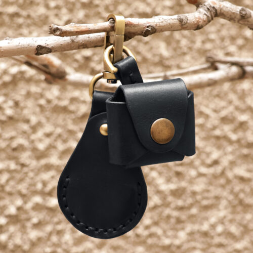 100% Black Leather Earbud Holder and Keychain Set, 'Lucky Melody in Black'