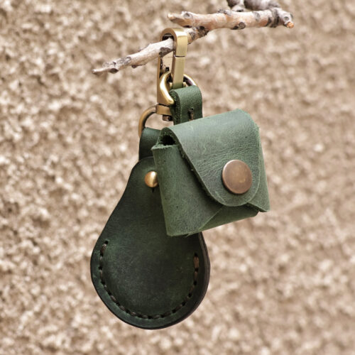 100% Green Leather Earbud Holder and Keychain Set, 'Lucky Melody in Green'