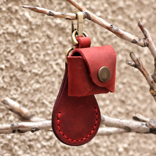 100% Red Leather Earbud Holder and Keychain Set, 'Lucky Melody in Red'