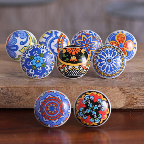 9 Ceramic Knobs with Hand-Painted Floral and Leaf Motifs, 'Harmonious Beauty'