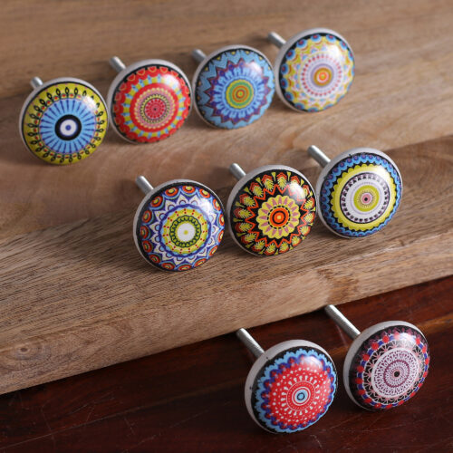 9 Hand-Painted Ceramic Knobs with Moroccan-Style Motifs, 'Moroccan Glory'