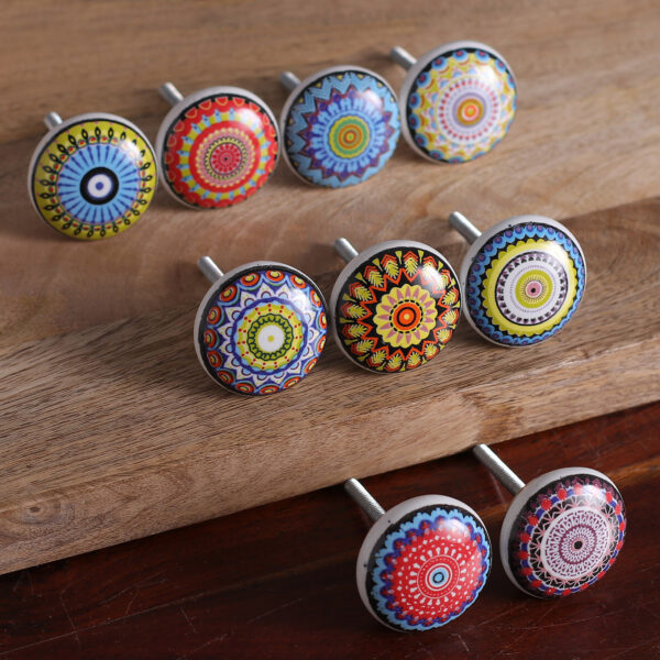 9 Hand-Painted Ceramic Knobs with Moroccan-Style Motifs, 'Moroccan Glory'