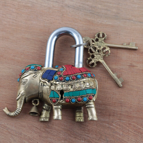 Artisan Crafted Brass Elephant Lock and Key Set , 'Festive Elephant'