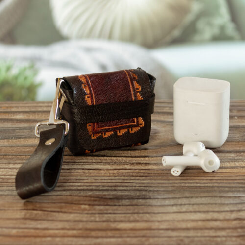 Artisan Crafted Brown Leather Earbud Case Holder from Peru, 'Sacred Audio'