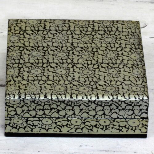 Artisan Crafted Floral Motif Weeping Willow Wood Box, 'Silver Bloom'