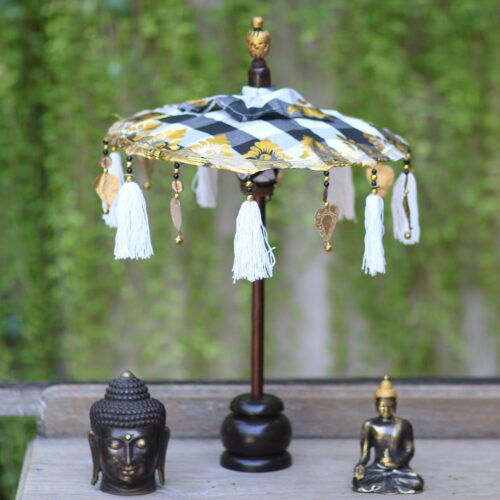 Black and White Decorative Balinese Umbrella, 'Pura Entrance'