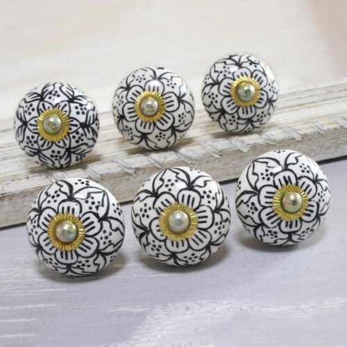 Black and White Floral Ceramic Knobs from India (Set of 6), 'Intricate Blossoms'