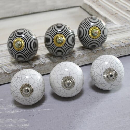Black and White Modern Ceramic Knobs from India (Set of 6), 'Modern Homestead'