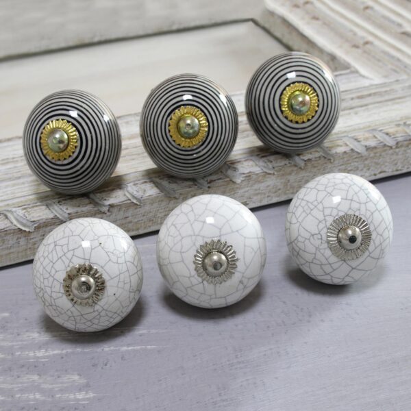 Black and White Modern Ceramic Knobs from India (Set of 6), 'Modern Homestead'