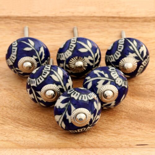 Blue Floral Ceramic Knobs from India (Set of 6), 'Blue Homestead'