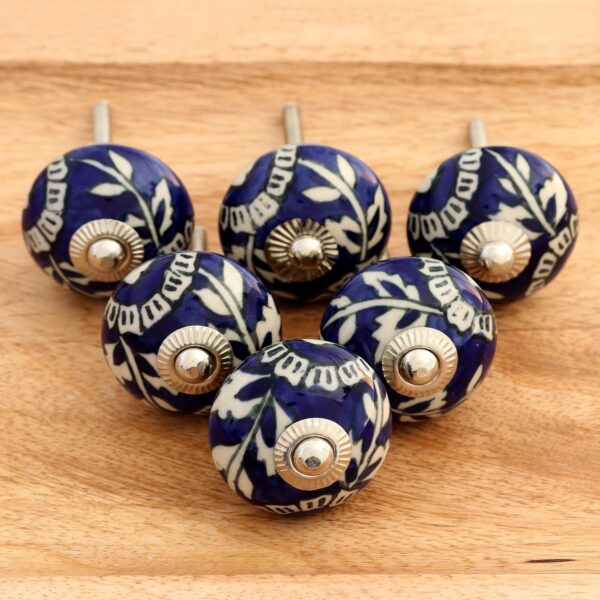 Blue Floral Ceramic Knobs from India (Set of 6), 'Blue Homestead' Blue Floral Ceramic Knobs from India (Set of 6), 'Blue Homestead'