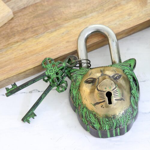 Brass Lock and Key Set with Lion Motif (3 Pieces), 'Hear Me Roar'