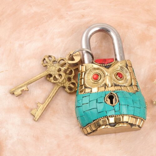 Brass Lock and Key Set with Owl Motif (3 Pieces), 'Forever Mine'