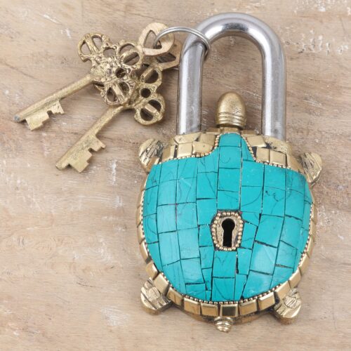 Brass Lock and Key Set with Turtle Motif (3 Pieces), 'Playing Safe'