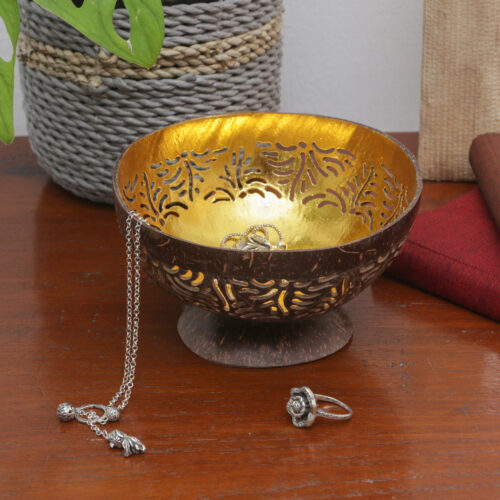 Brown and Golden Coconut Shell Catchall Hand-Carved in Bali, 'Shapes of Hope'