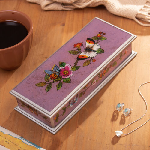 Butterfly Reverse-Painted Glass Decorative Box with Flowers, 'Floral Transformation'