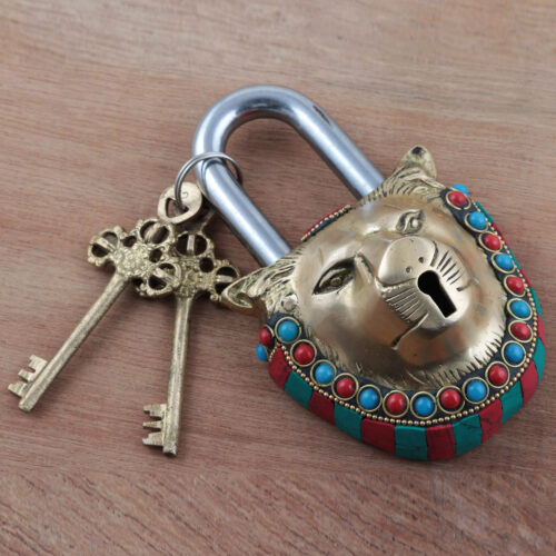 Cast Brass Lock and Key Set (3 Pieces), 'Majestic Lion'