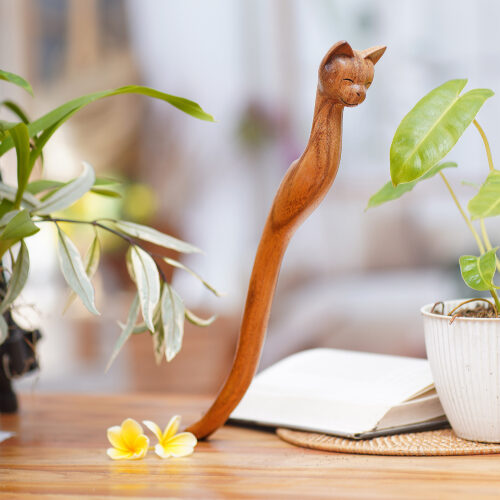 Cat-Themed Natural Wood Back Scratcher from Bali, 'Helpful Cat'