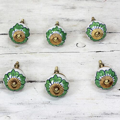 Ceramic Cabinet Knobs Floral Green White (Set of 6) India, 'Green Flowers'