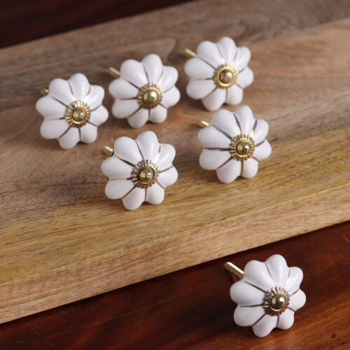 Ceramic Cabinet Knobs Floral Off-White (Set of 6) India, 'Pale Floral Beauties'