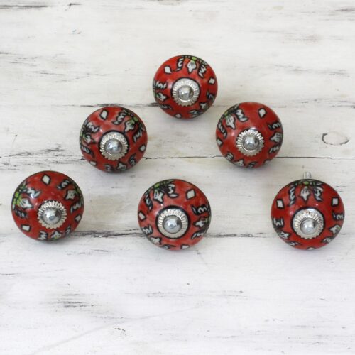 Ceramic Cabinet Knobs Floral Red (Set of 6) from India, 'Charming Red Flowers'