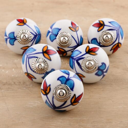 Ceramic Cabinet Knobs Floral (Set of 6) from India, 'Vibrant Beauty'