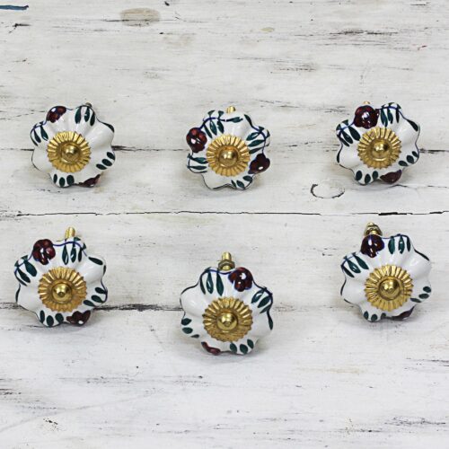Ceramic Cabinet Knobs Floral White (Set of 6) from India, 'Floral Sunshine'