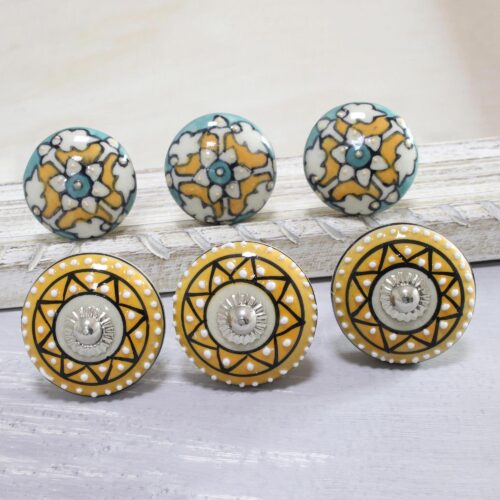 Ceramic Knobs with Hand-Painted Floral Designs (Set of 6), 'Timeless Floral'