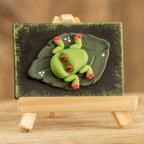 Cold Porcelain Frog Decorative Accent with Pinewood Easel, 'Exotic Frog'
