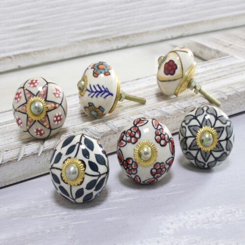 Colorful Floral Ceramic Knobs from India (Set of 6), 'Harmonious Flowers'