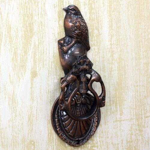 Copper Plated Brass Door Knocker Bird Shape from India, 'Avian Melody'