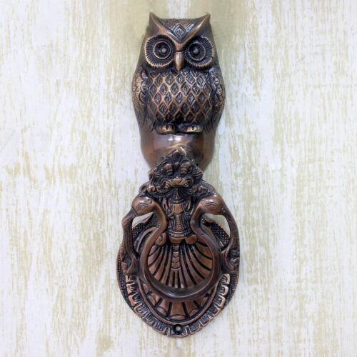 Copper Plated Brass Owl Door Knocker with Antique Look, 'Owl Arrival'