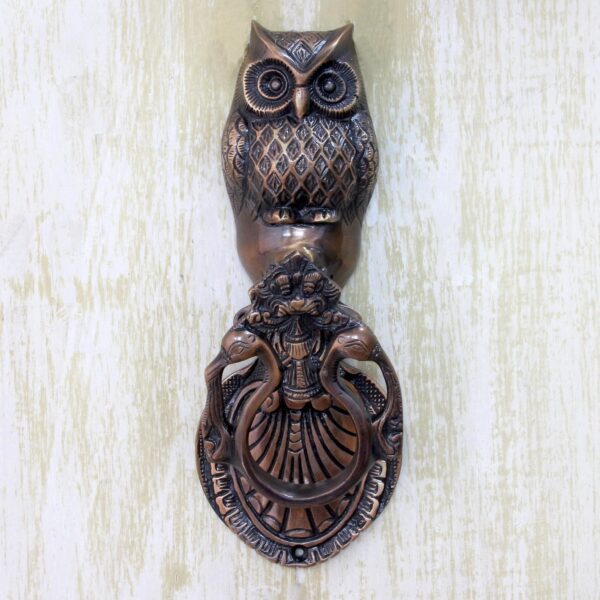 Copper Plated Brass Owl Door Knocker with Antique Look, 'Owl Arrival'