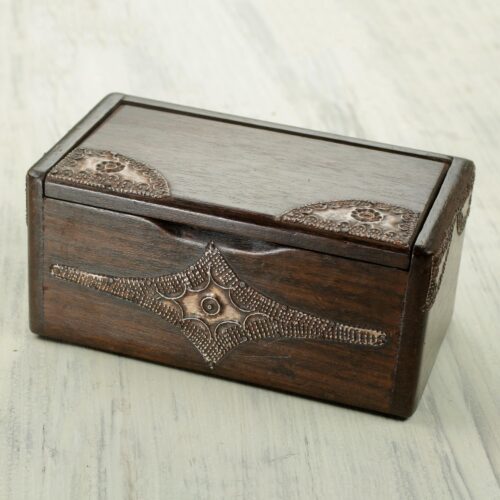 Decorative Wood Box with Aluminum from West Africa, 'Sika Korkoo Kwrabia in Brown'