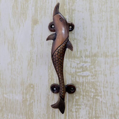 Dolphin Door Handle in Antiqued Copper Plated Brass India, 'Dolphin Passage'