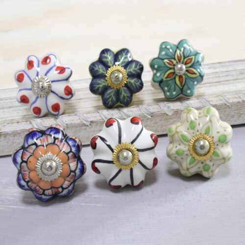 Floral Ceramic Knobs Crafted in India (Set of 6), 'Floral Homestead'