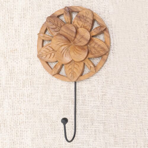Frangipani Motif Wood and Iron Wall Hook, 'Blooming Jepun II'