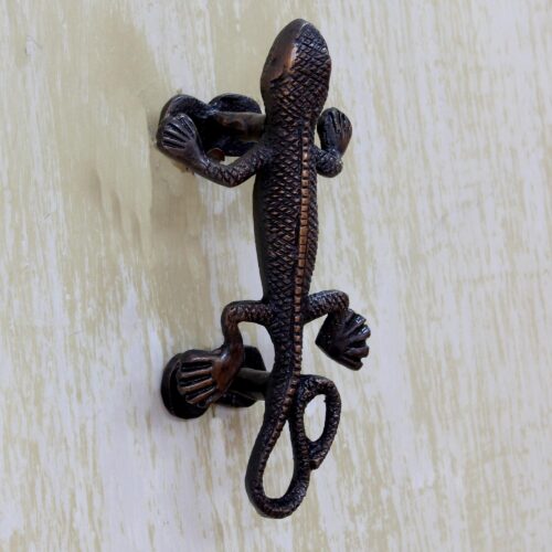 Gecko Door Handle in Antiqued Copper Plated Brass India, 'Gecko Passage'