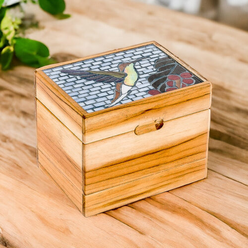 Glass Hummingbird Mosaic Teak Wood Decorative Box, 'Mosaically Majestic'