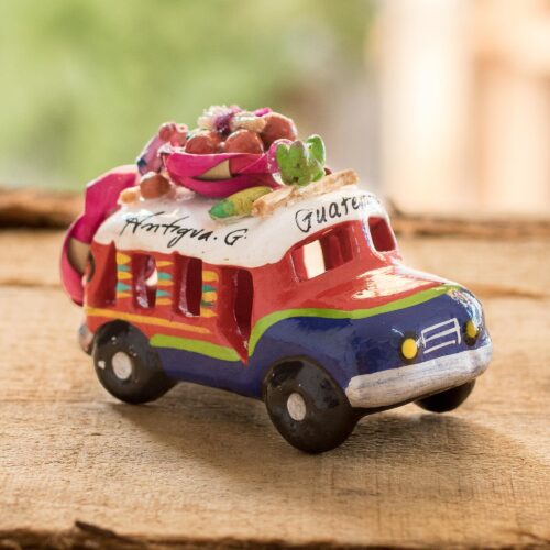 Green Striped Ceramic Bus 3 Inch Figurine from Guatemala, 'Mini Old Time Bus'
