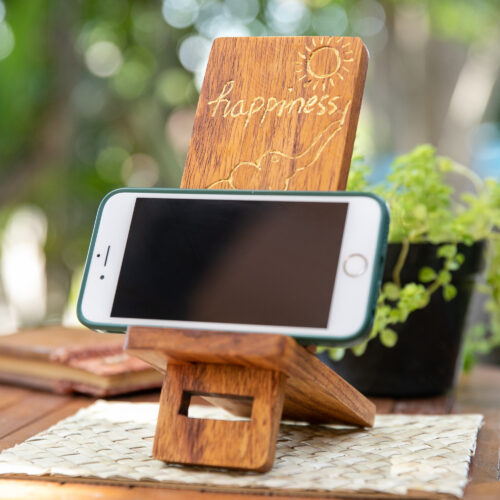Hand-Carved and Painted Wood Phone Stand with Elephant Motif, 'Happy Elephant'