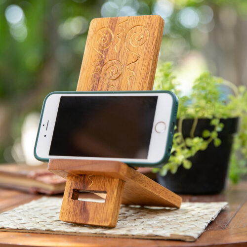 Hand-Carved and Painted Wood Phone Stand with Spiral Motifs, 'Hypnotic Spirals'