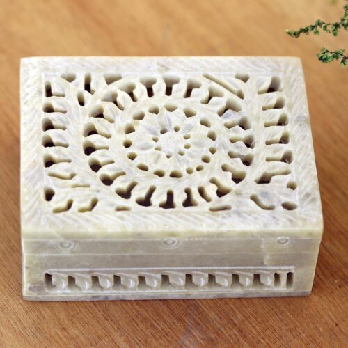 Hand Carved Decorative Soapstone Floral Box, 'Leaf and Vine'