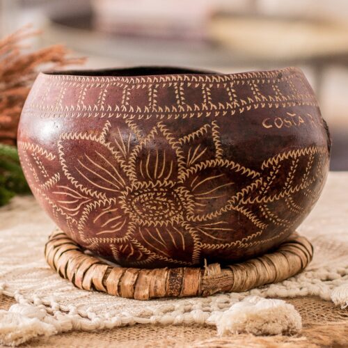 Hand-Carved Floral Dried Gourd Decorative Accent, 'Floral Essence'