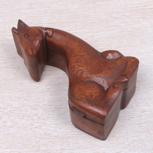 Hand Carved Giraffe Shape Wood Puzzle Box from Indonesia, 'Resting Giraffe'