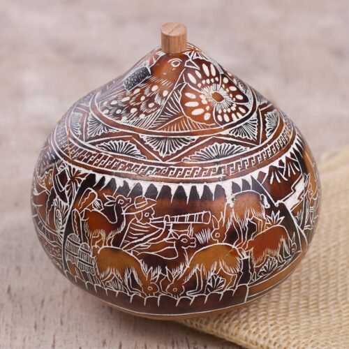 Hand Carved Gourd Decorative Box with Harvest Dance Scene, 'Harvest Dance'