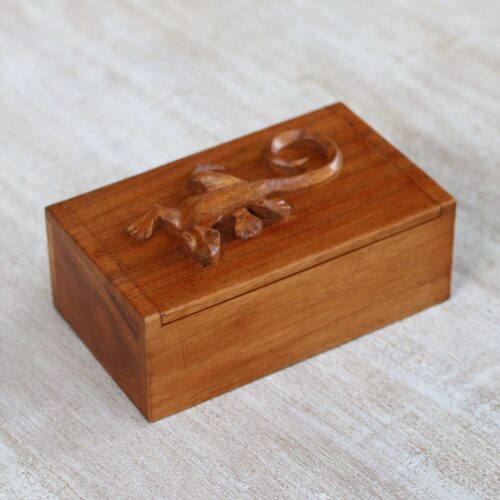 Hand Carved Suar Wood Box with Gecko Lid from Bali, 'Forest Gecko'