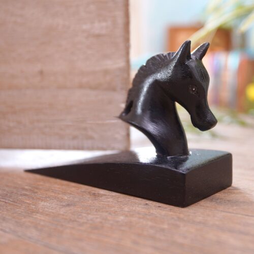 Hand Carved Suar Wood Horse Door Stopper in Black from Bali, 'Handy Horse in Black'