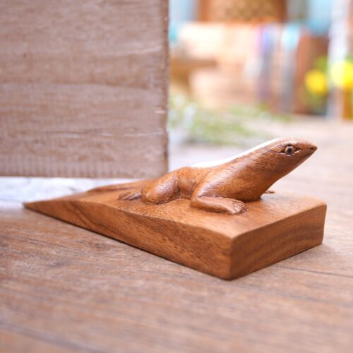 Hand Carved Suar Wood Lizard Door Stopper in Brown from Bali, 'Handy Gecko in Brown'