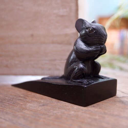 Hand Carved Suar Wood Mouse Door Stopper in Black from Bali, 'Charming Mouse in Black'